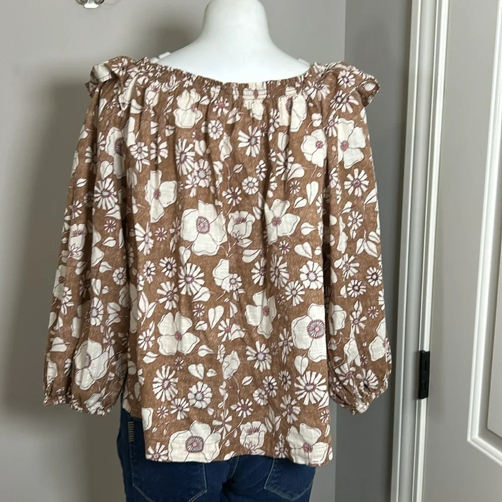 Free People Miss Daisy Floral Printed Top Long Sleeve Off Shoulder Brown Sz L